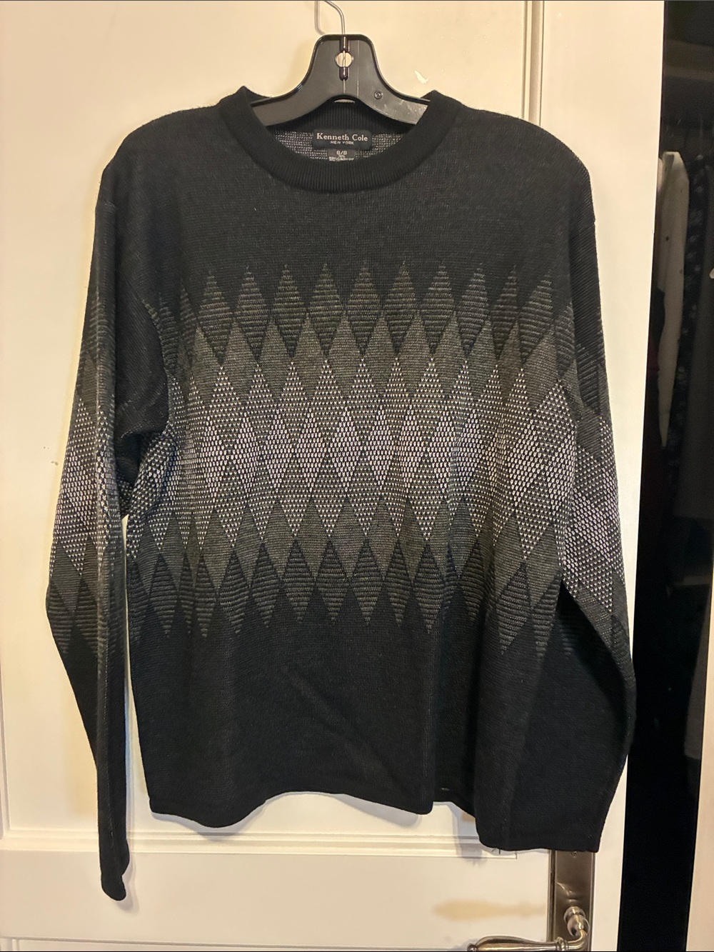 Kenneth Cole Black & Gray Diamond-Pattern Crewneck Sweater 👵MT